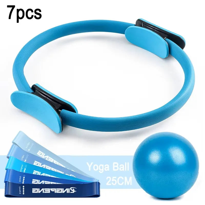 7-piece pilates set with pilates ring mini ball resistance band and yoga tube - product image