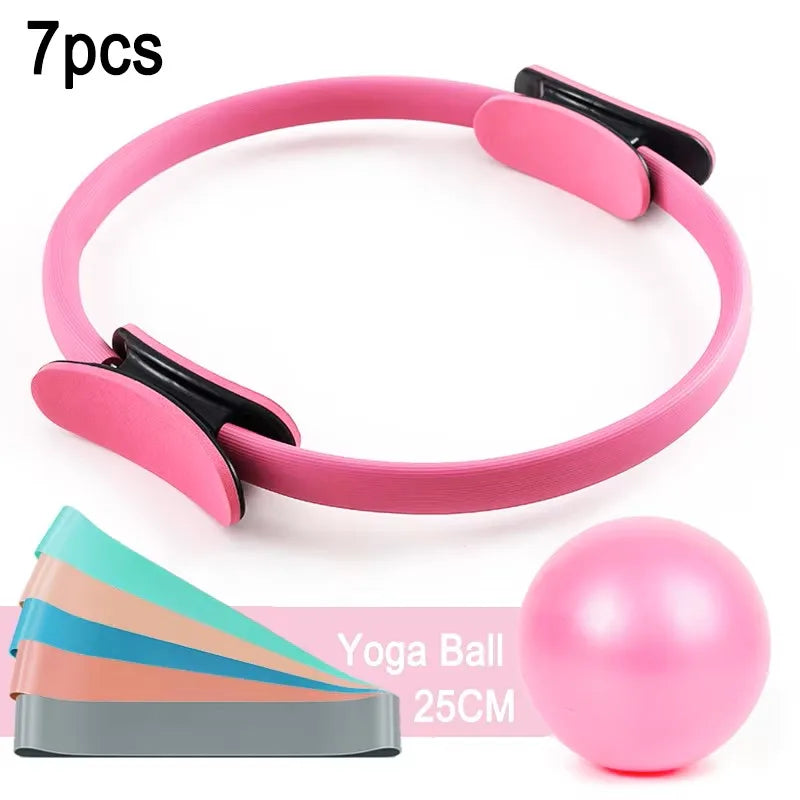7-piece pilates set with pilates ring mini ball resistance band and yoga tube - product image