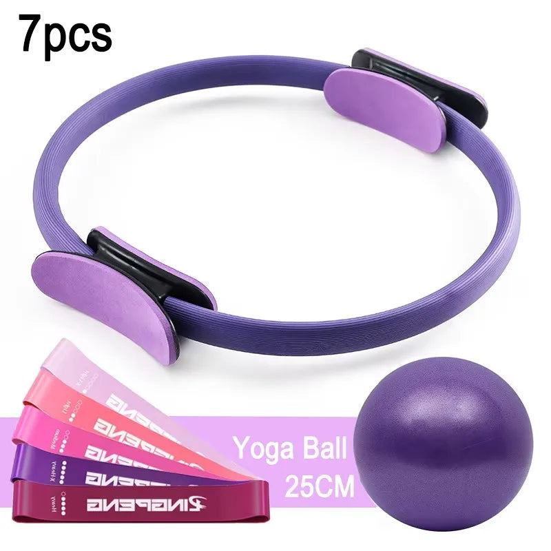7-piece pilates set with pilates ring mini ball resistance band and yoga tube - product image