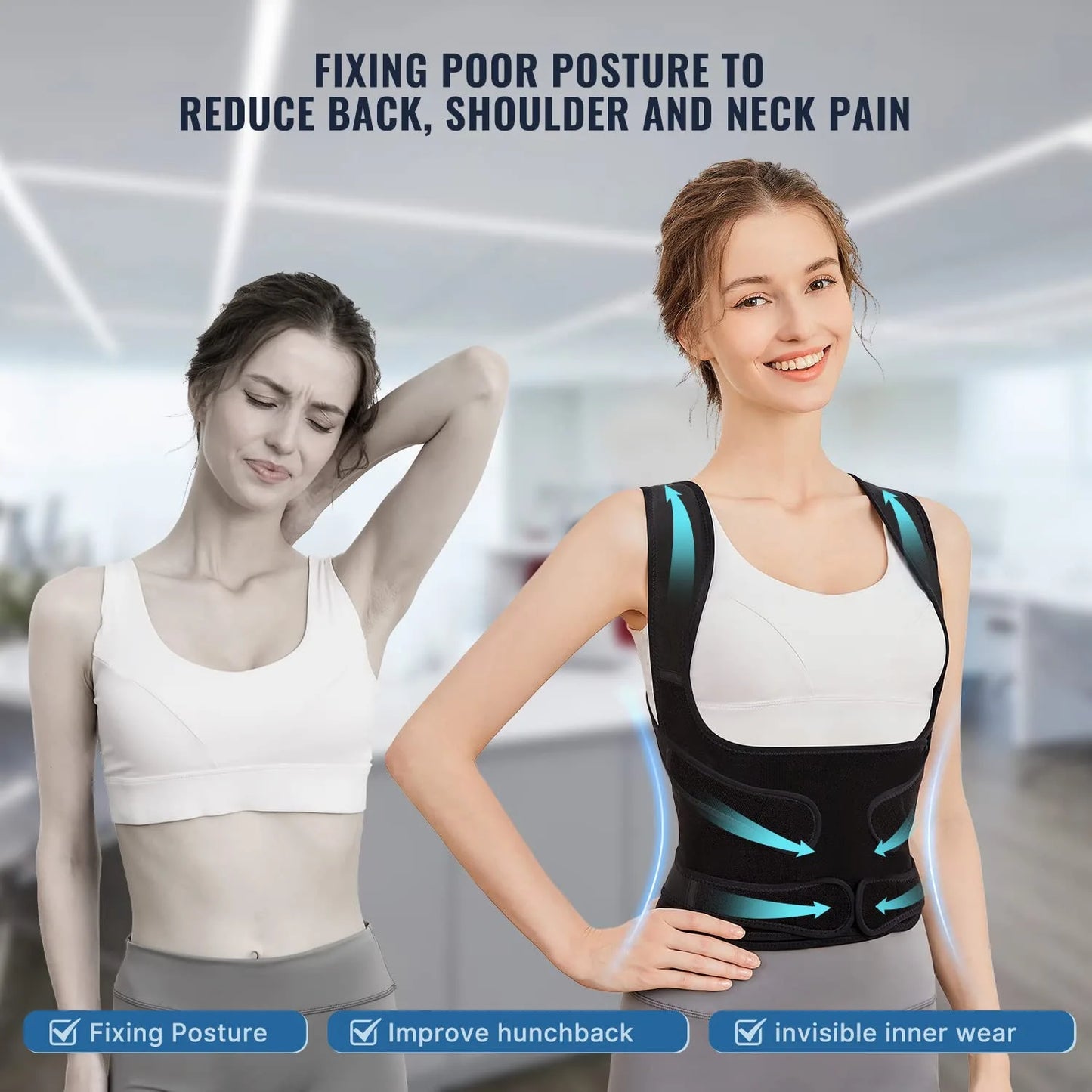 Adjustable back brace and posture corrector with breathable mesh and abs support - product image
