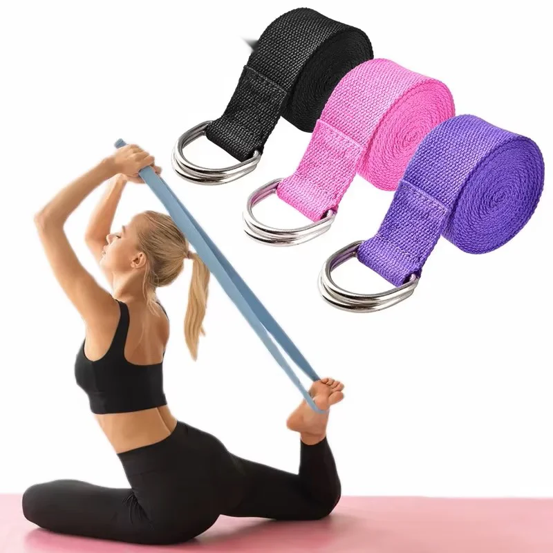 Adjustable cotton yoga strap with woven d-ring buckle for stretching and fitness - product image