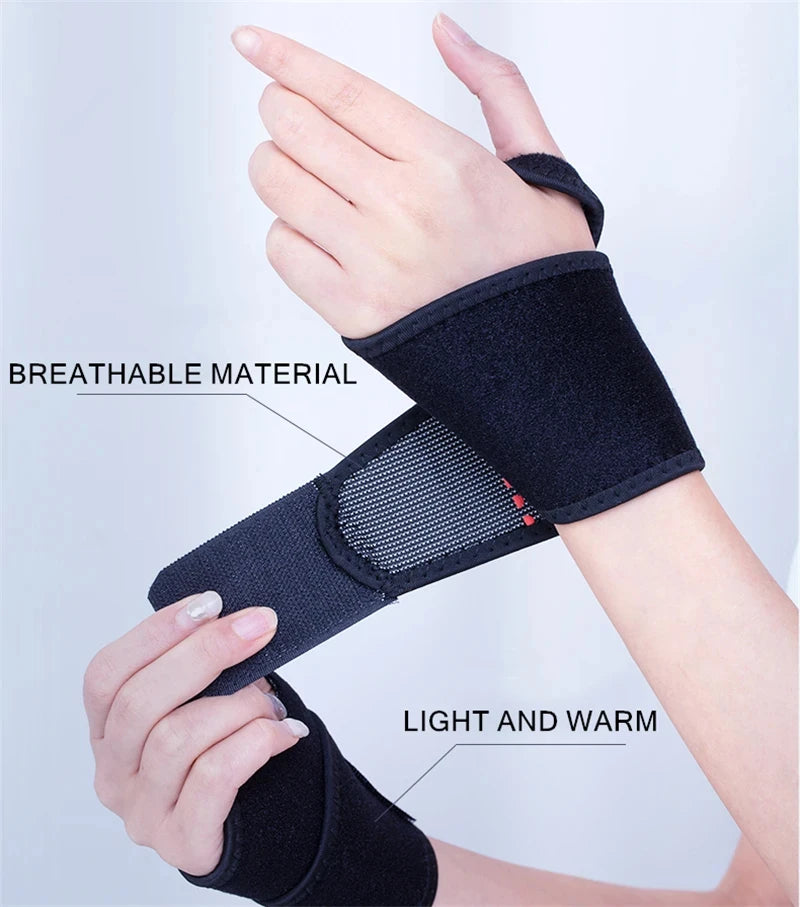 Adjustable sport wrist band with compression support and thumb hole for hand comfort - product image