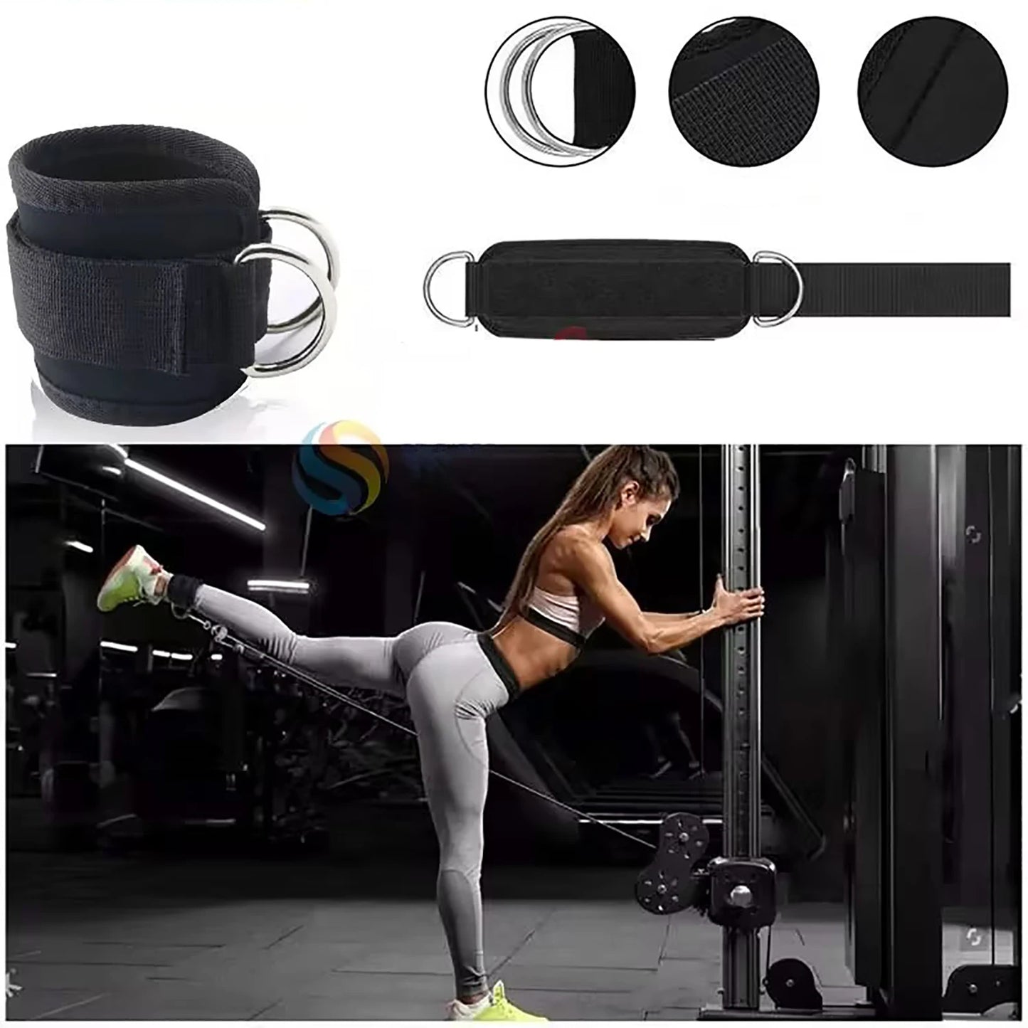 Adjustable weight lifting ankle straps with thick padding and d-ring hook closure - product image