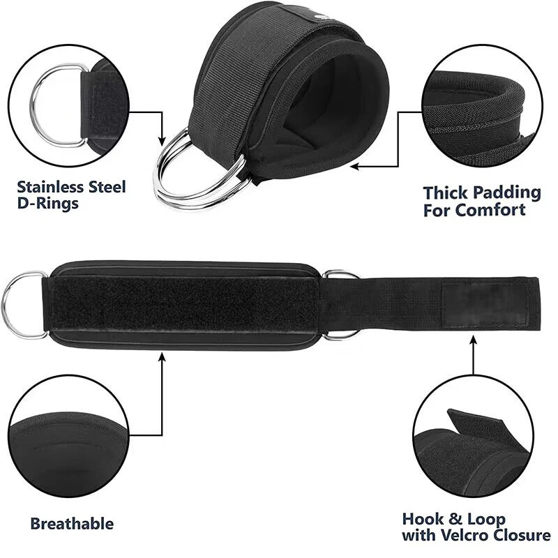 Adjustable weight lifting ankle straps with thick padding and d-ring hook closure - product image