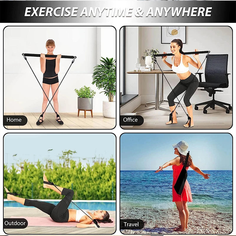 Detachable pilates bar with elastic resistance bands and foam handles - product image