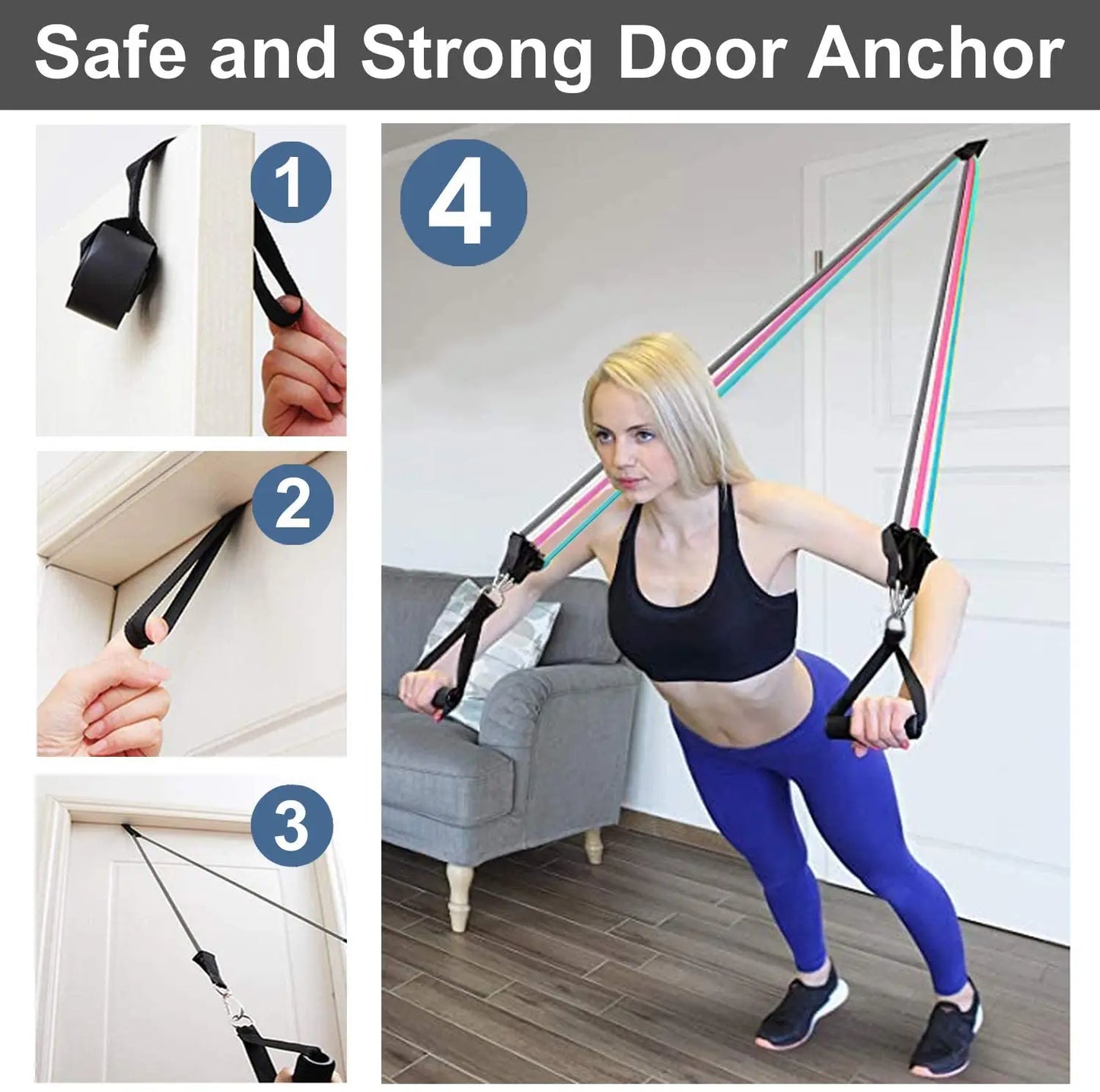Fitness resistance rubber band set with handles and door anchor - product image