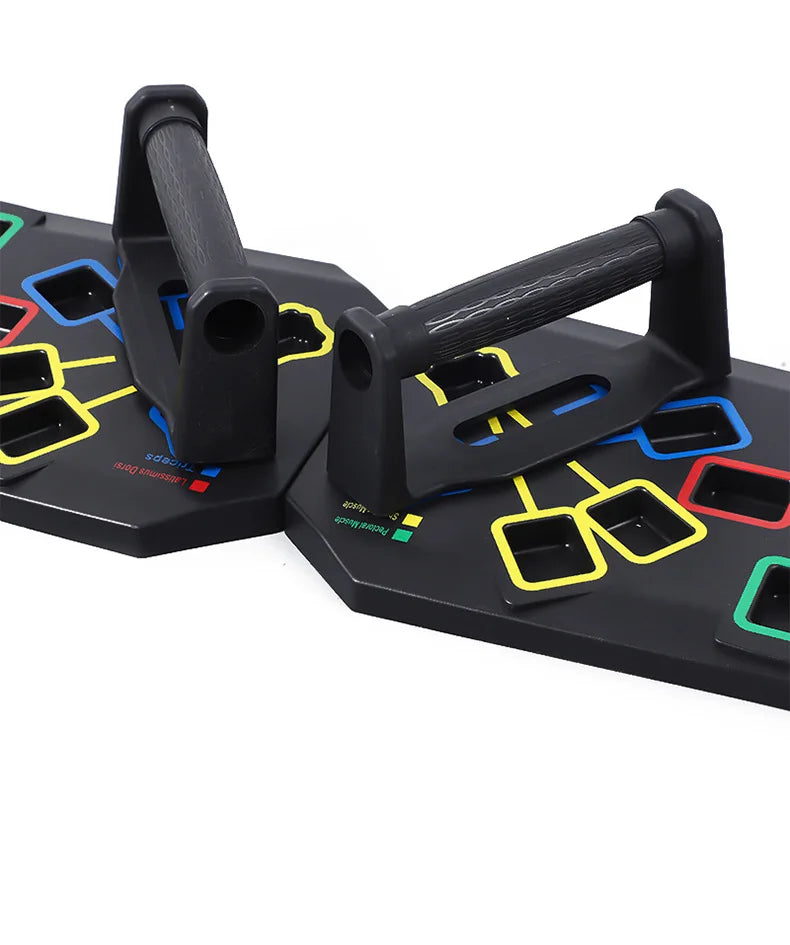 Folding multifunctional push up board with color-coded muscle focus zones - product image