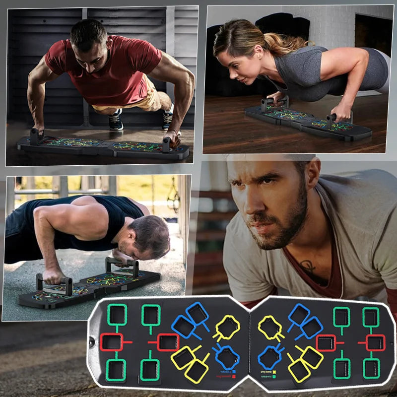 Folding multifunctional push up board with color-coded muscle focus zones - product image