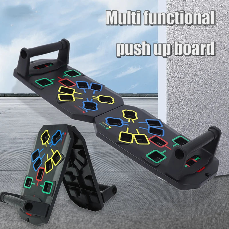 Folding multifunctional push up board with color-coded muscle focus zones - product image