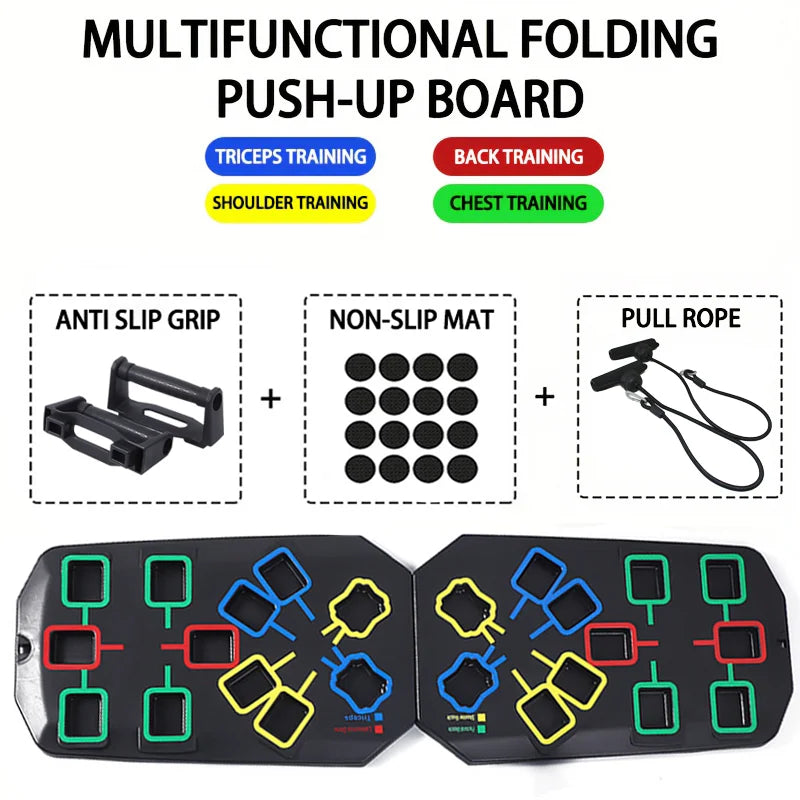 Folding multifunctional push up board with color-coded muscle focus zones - product image