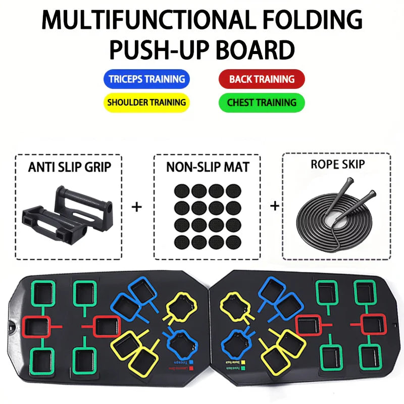Folding multifunctional push up board with color-coded muscle focus zones - product image