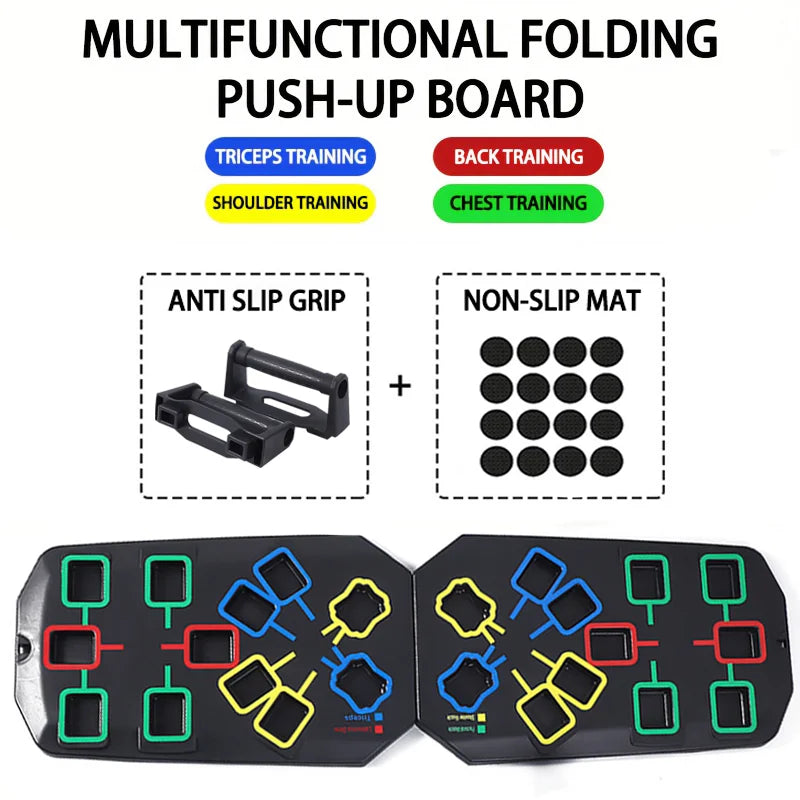 Folding multifunctional push up board with color-coded muscle focus zones - product image