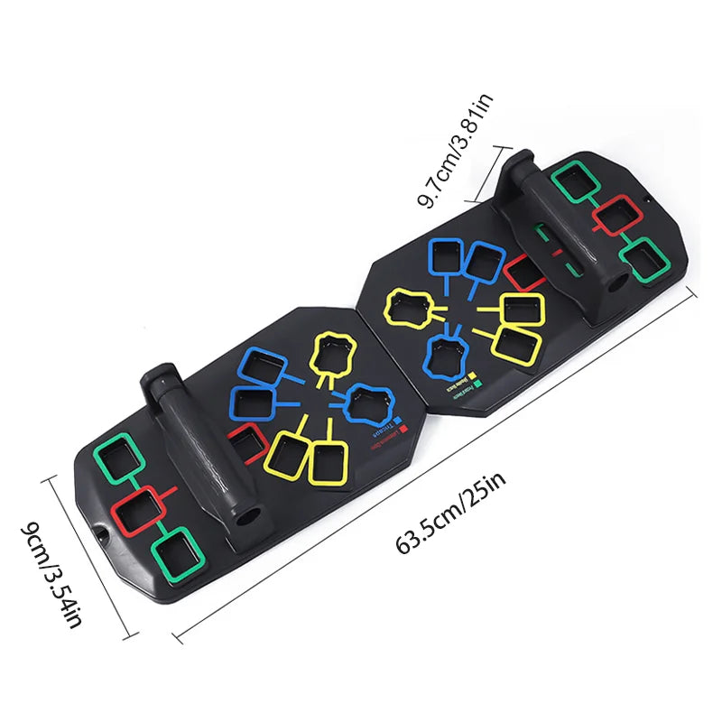 Folding multifunctional push up board with color-coded muscle focus zones - product image