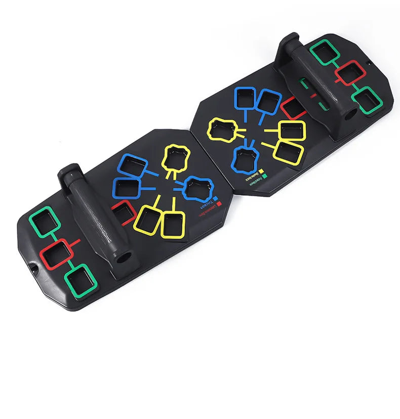 Folding multifunctional push up board with color-coded muscle focus zones - product image