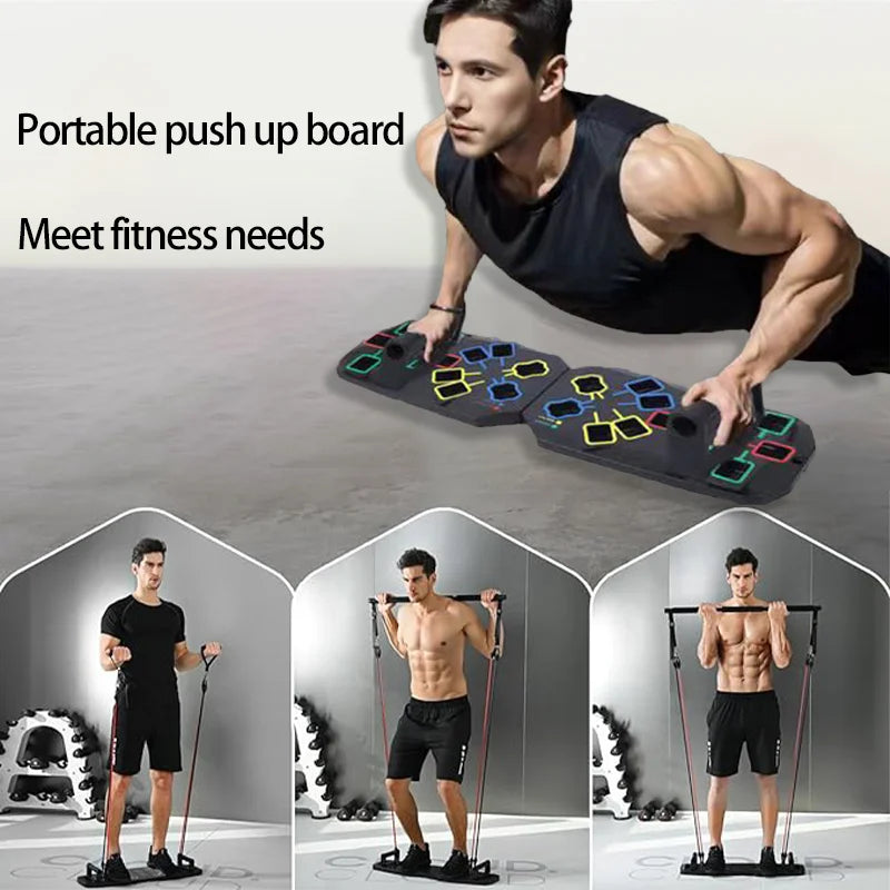 Folding multifunctional push up board with color-coded muscle focus zones - product image