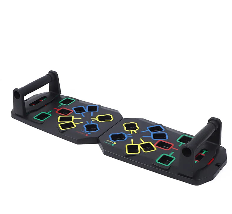 Folding multifunctional push up board with color-coded muscle focus zones - product image