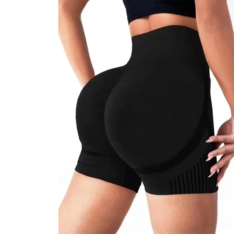 High waist nylon knitted yoga shorts with stretch fabric and seamless design - product image