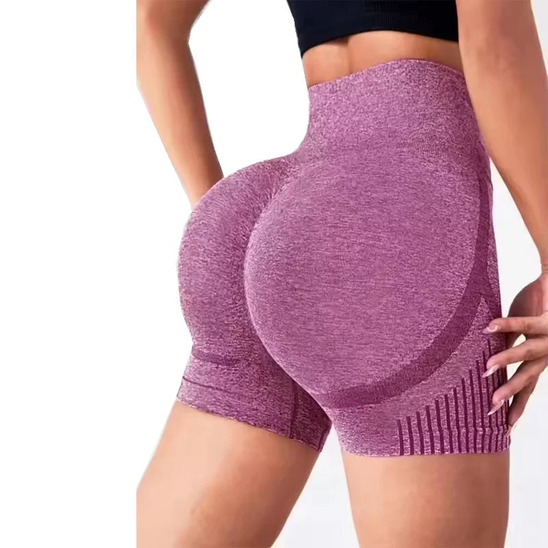 High waist nylon knitted yoga shorts with stretch fabric and seamless design - product image
