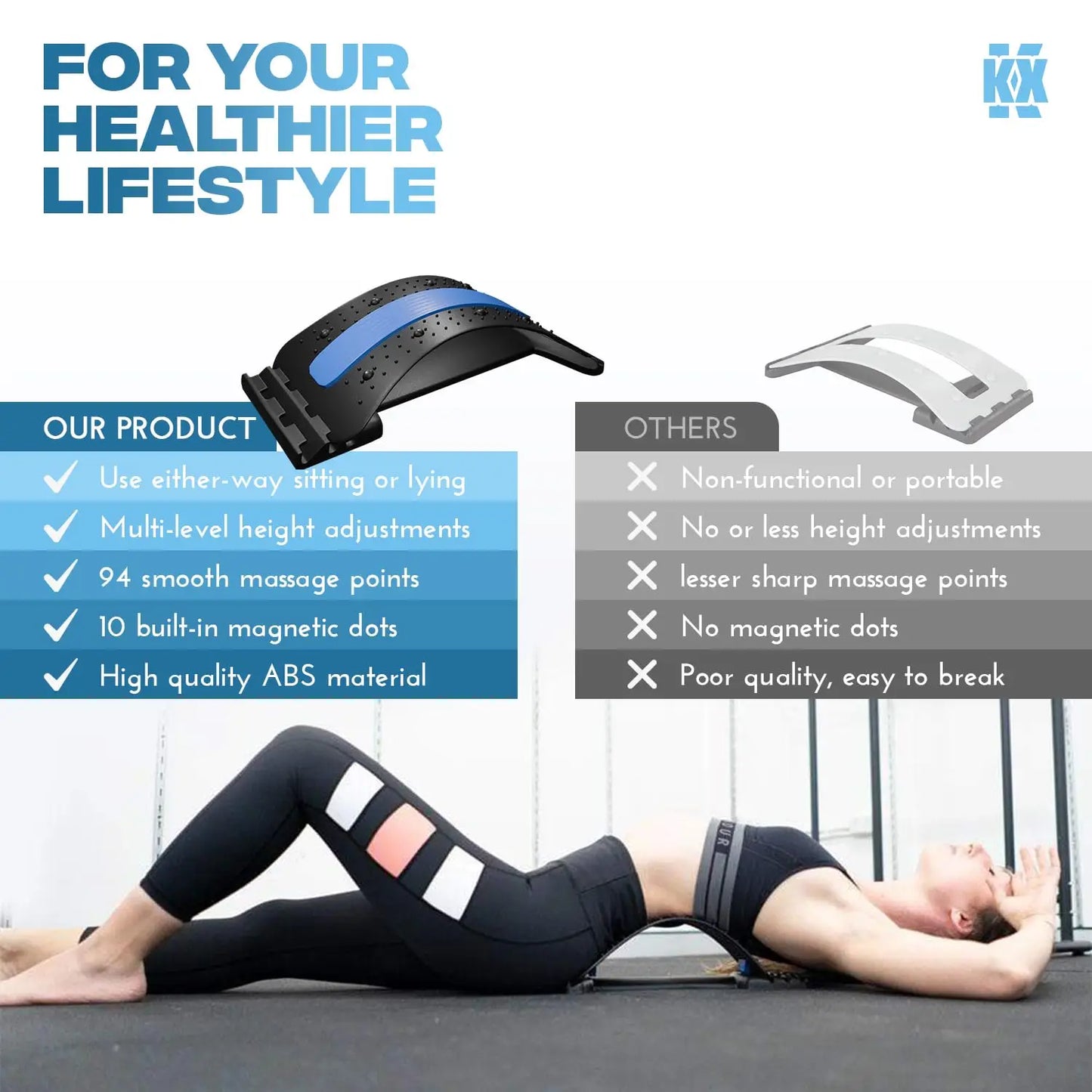 Magnetic adjustable back massage stretcher with lumbar support and acupressure points - product image