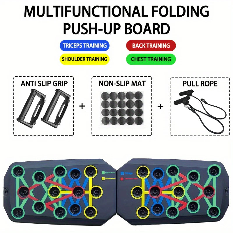Multifunctional foldable push-up board with non-slip padded handles and rope - product image