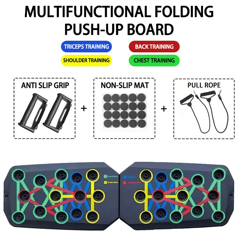 Portable adjustable push up training board with color-coded muscle targets - product image
