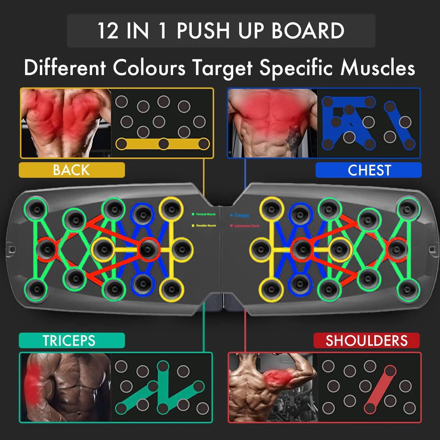 Portable adjustable push up training board with color-coded muscle targets - product image