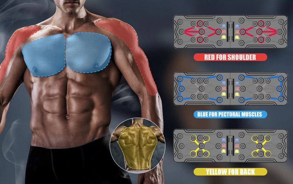 Portable foldable push-up board with color-coded handles for multi muscle training - product image