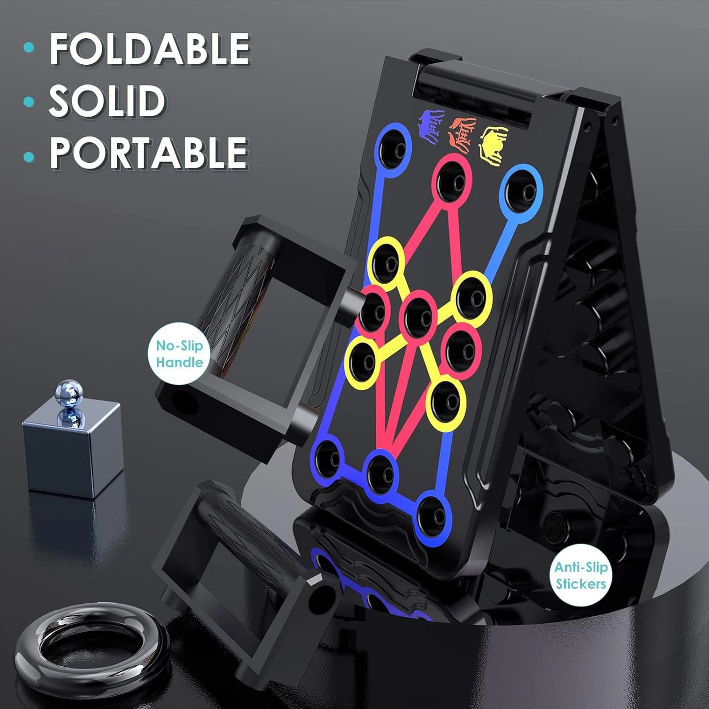 Portable foldable push-up board with color-coded handles for multi muscle training - product image