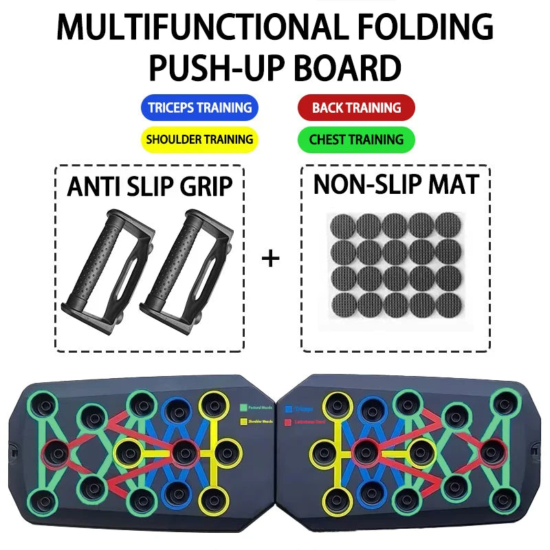 Portable foldable push-up board with color-coded muscle targeting and handles - product image