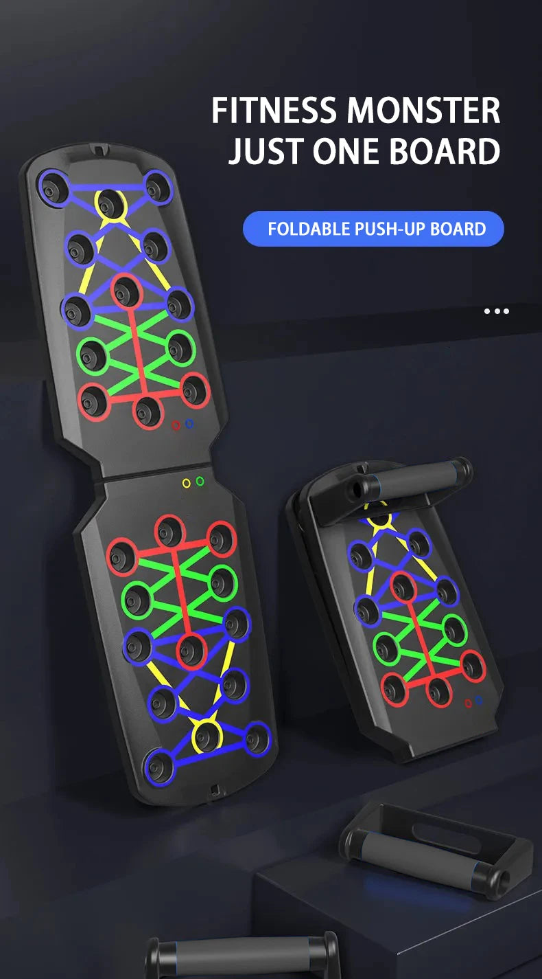 Portable foldable push-up board with color-coded muscle targeting and handles - product image