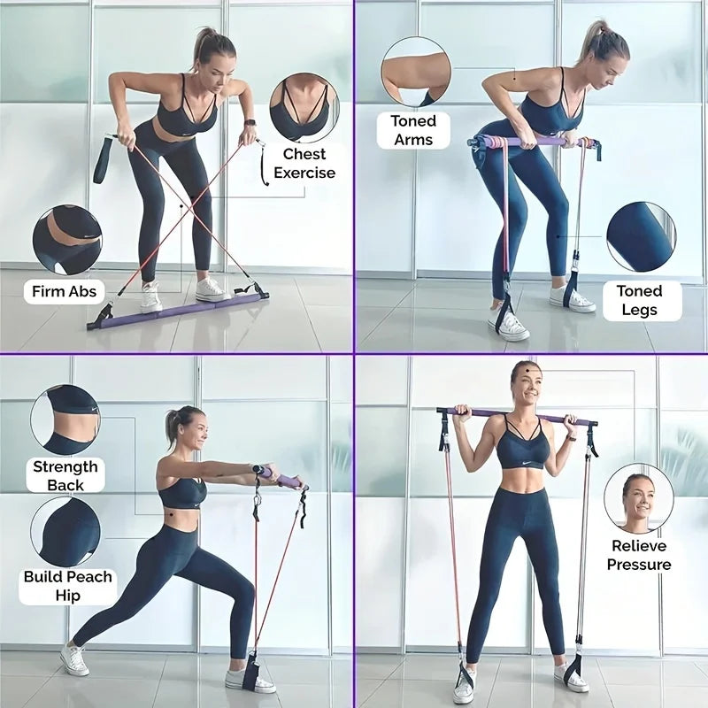 Portable pilates bar kit with multiple resistance bands, foot bands, and door anchor - product image