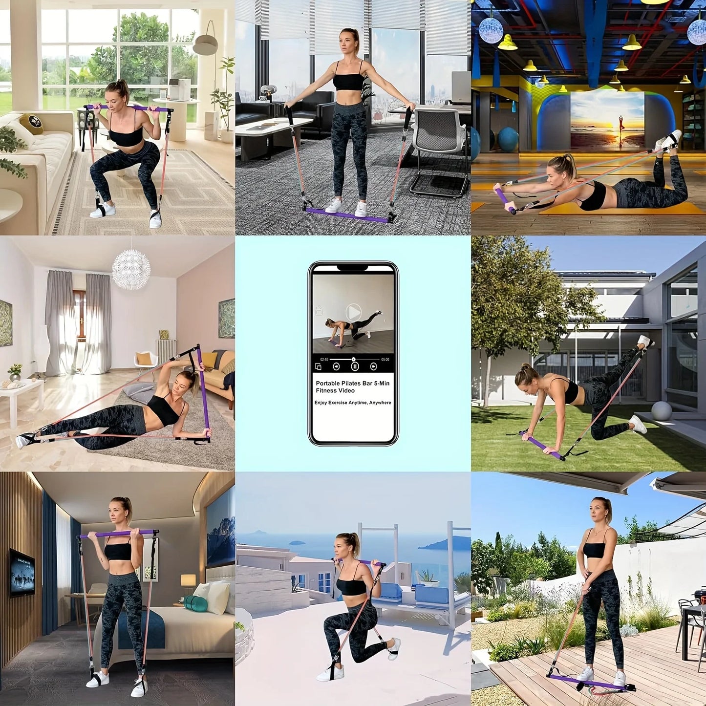 Portable pilates bar kit with multiple resistance bands, foot bands, and door anchor - product image