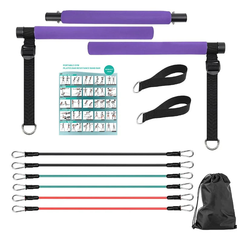 Portable pilates bar kit with multiple resistance bands, foot bands, and door anchor - product image