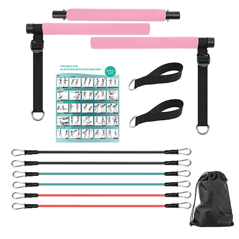Portable pilates bar kit with multiple resistance bands, foot bands, and door anchor - product image