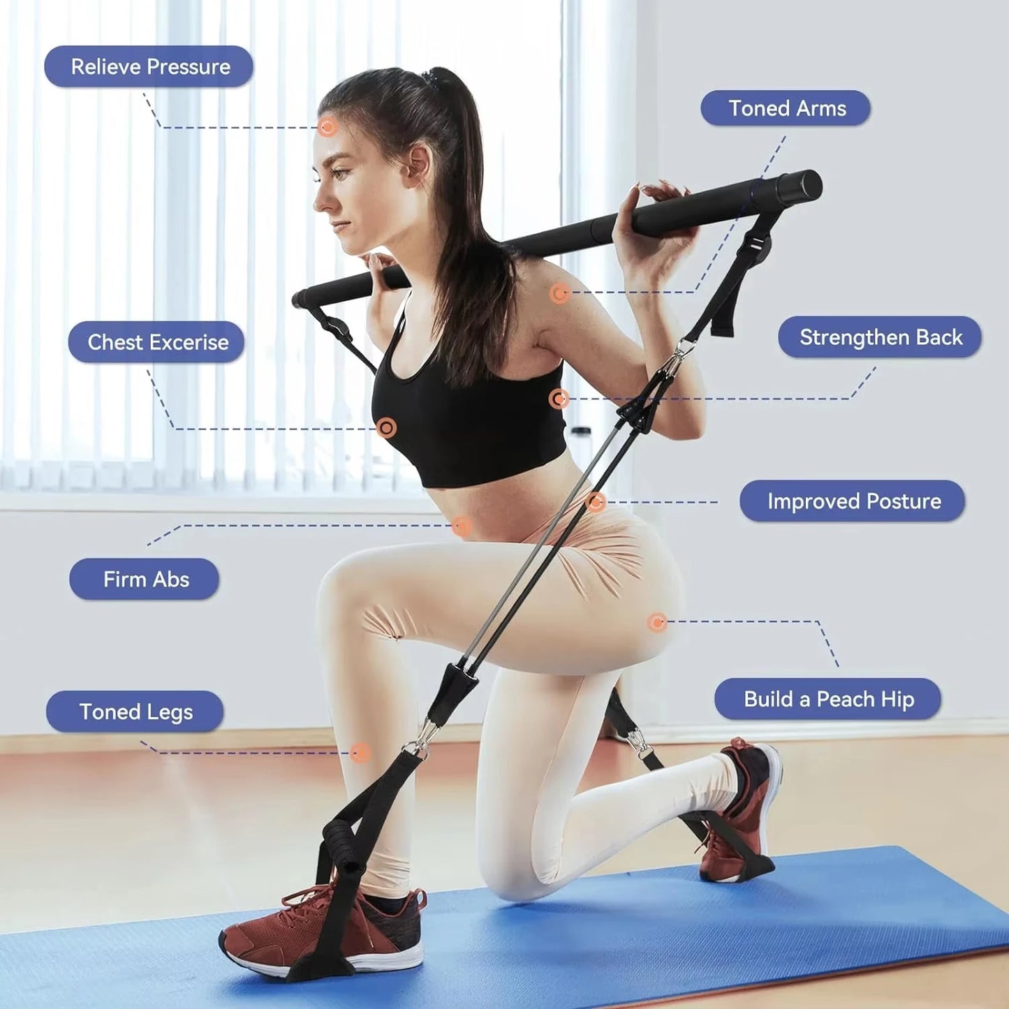 Portable pilates resistance bar kit with adjustable bands for full body workouts - product image