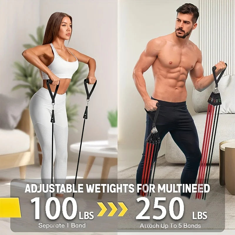 Resistance bands set up to 250lbs with door anchor, handles, ankle straps and carry bag - product image