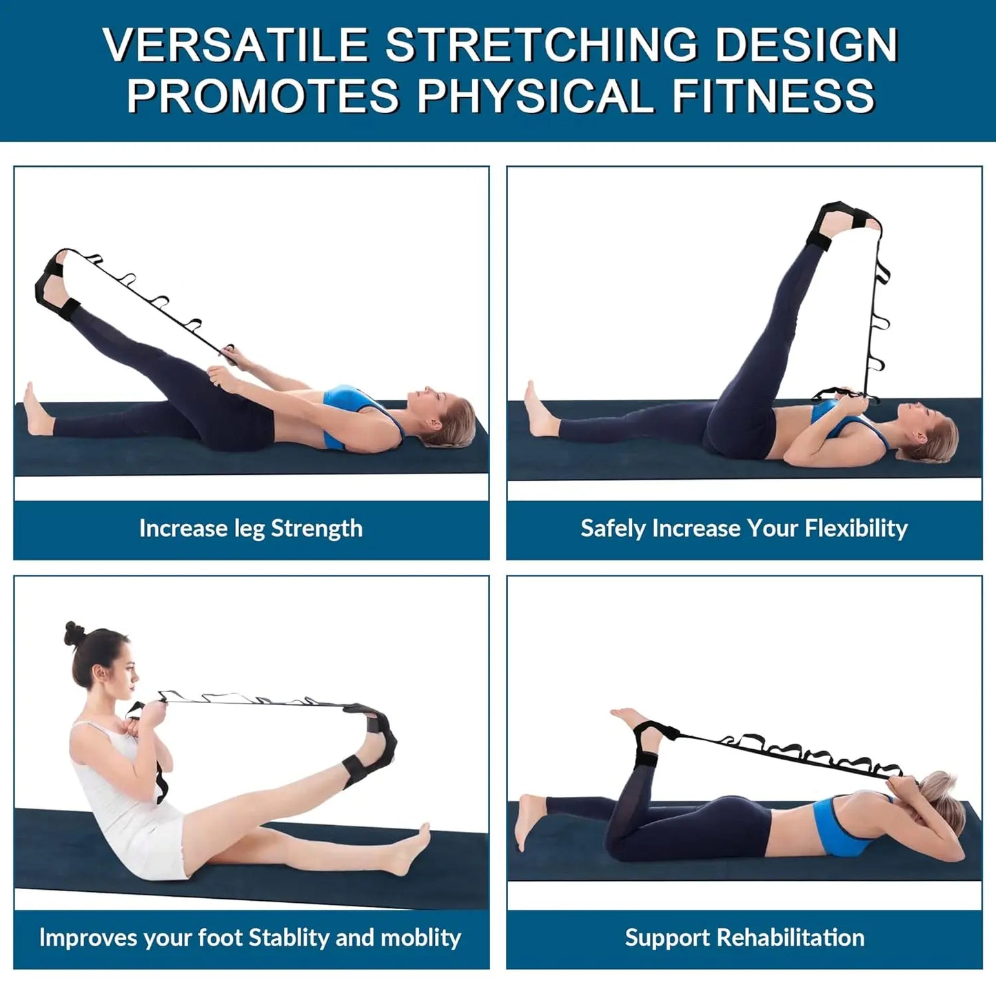 Segmented yoga stretching band with adjustable assistance for leg and foot - product image