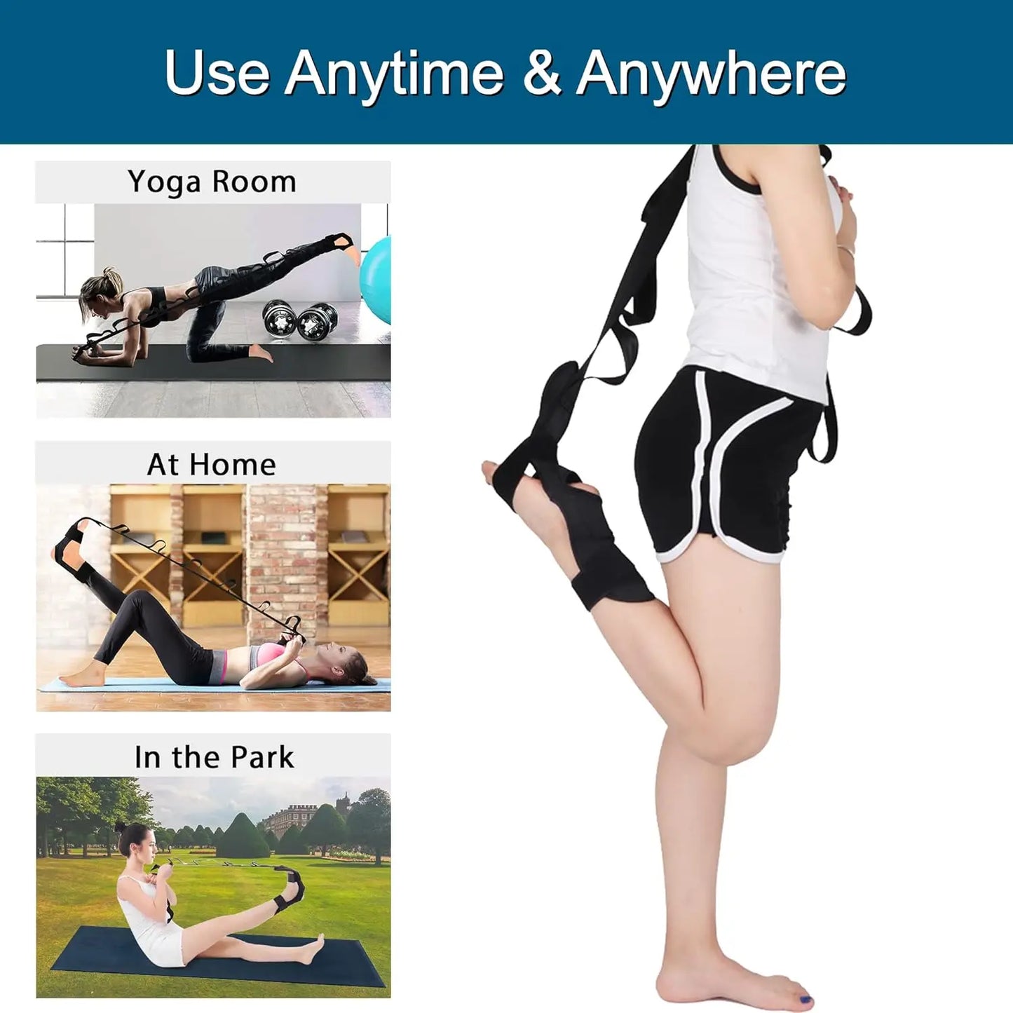 Segmented yoga stretching band with adjustable assistance for leg and foot - product image