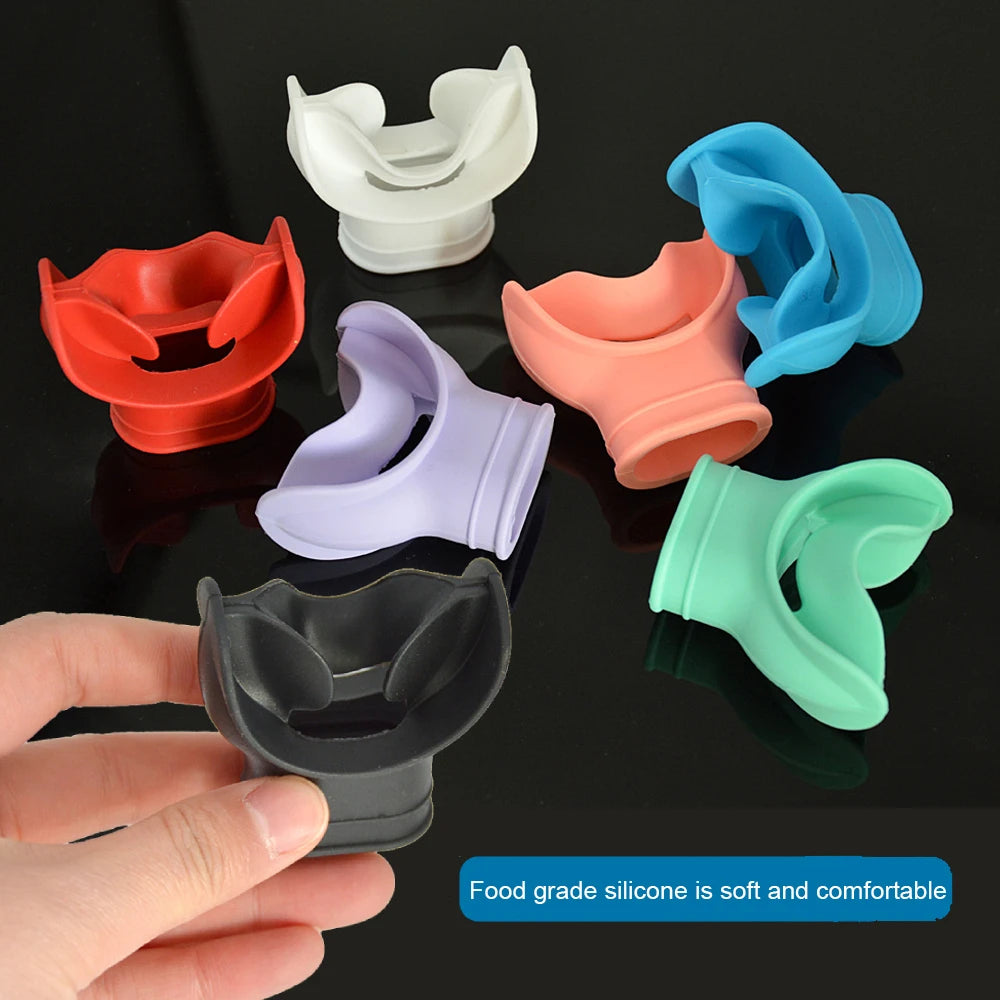 Silicone snorkel mouthpiece with universal fit and strap slot for diving and scuba gear - product image