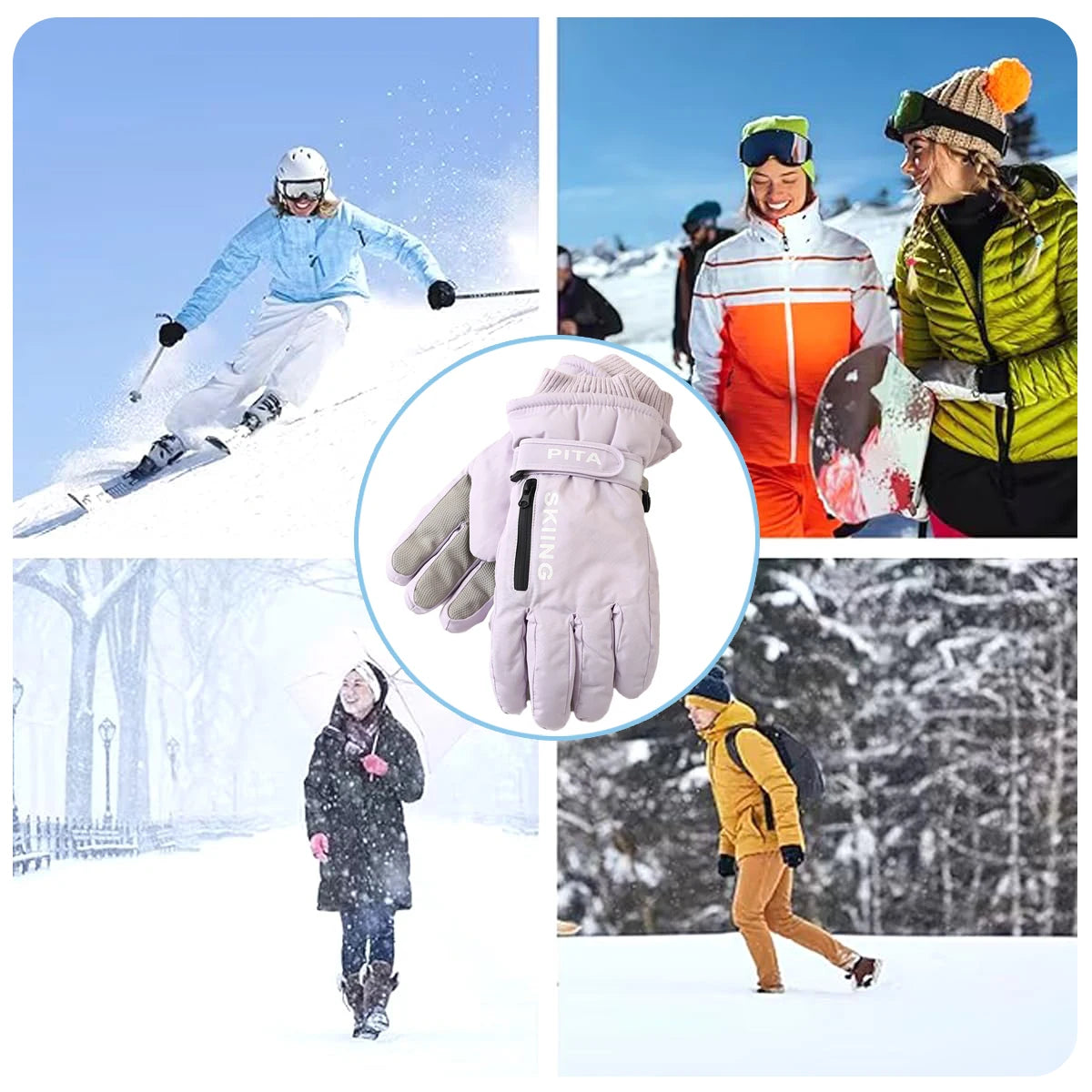 Waterproof winter sports gloves with touchscreen non-slip palm and zipper pocket - product image