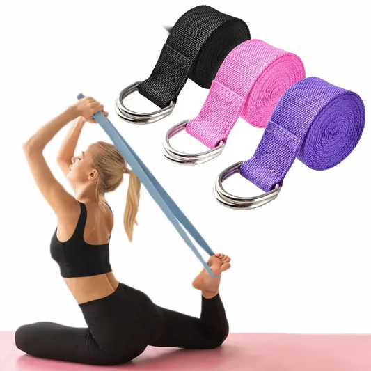 Adjustable cotton yoga strap with woven d-ring buckle for stretching and fitness - product image