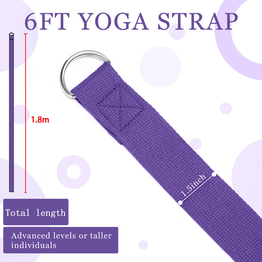 Adjustable cotton yoga strap with woven d-ring buckle for stretching and fitness - product image