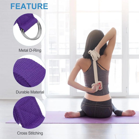 Adjustable cotton yoga strap with woven d-ring buckle for stretching and fitness - product image