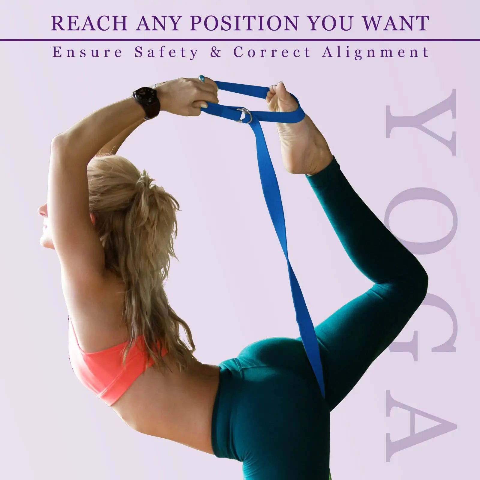 Adjustable cotton yoga strap with woven d-ring buckle for stretching and fitness - product image