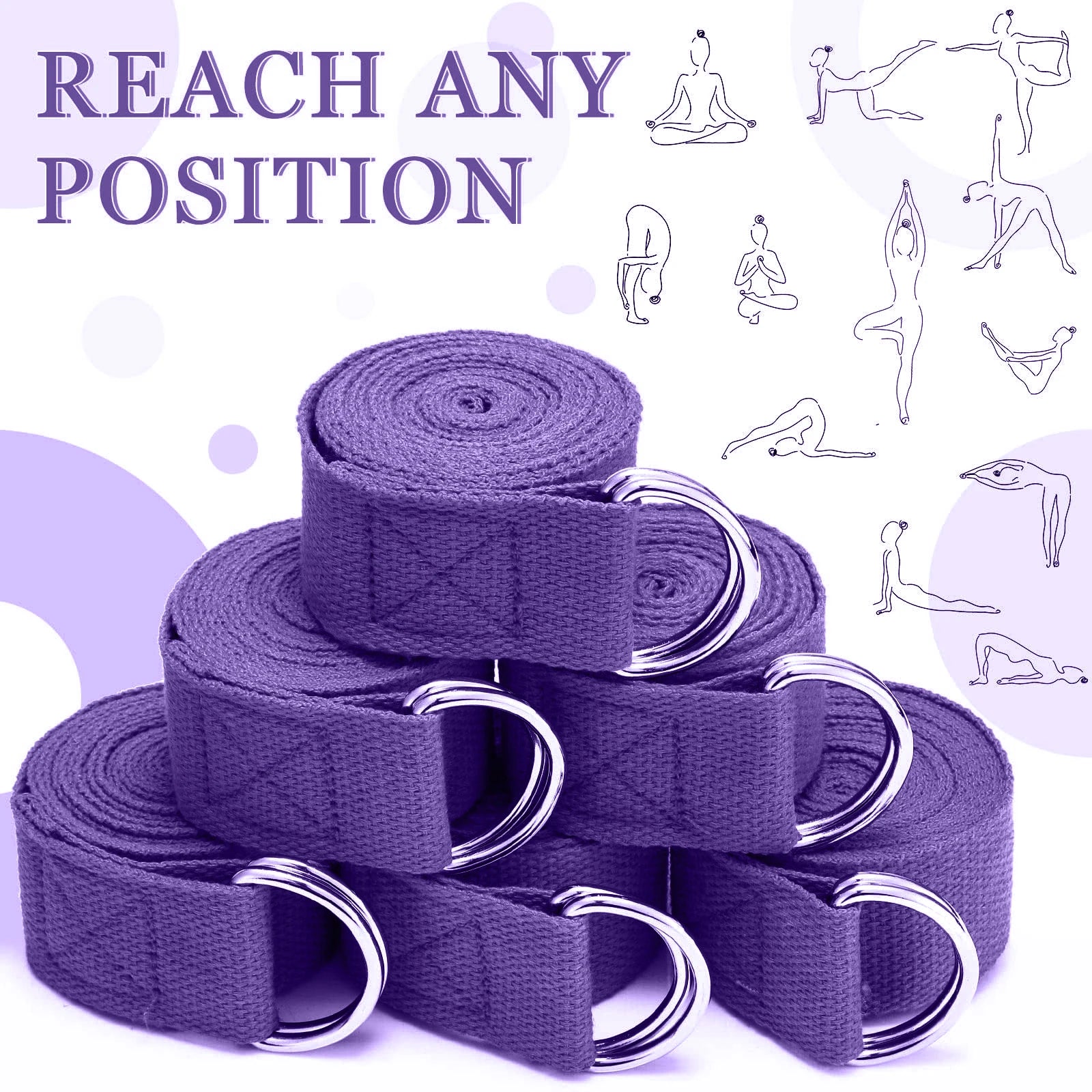 Adjustable cotton yoga strap with woven d-ring buckle for stretching and fitness - product image