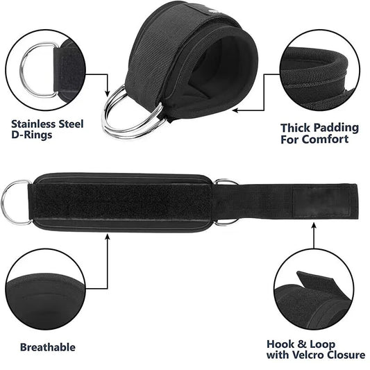 Adjustable weight lifting ankle straps with thick padding and d-ring hook closure - product image