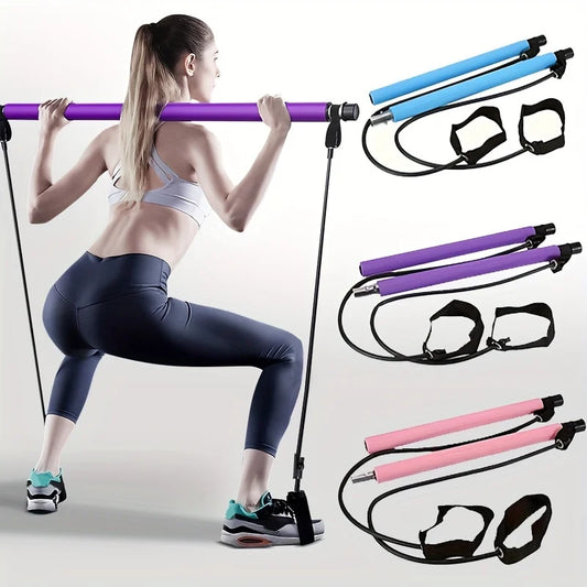 Detachable pilates bar with elastic resistance bands and foam handles - product image