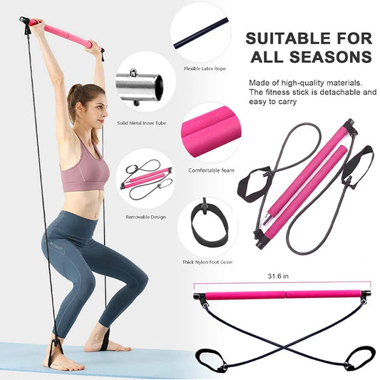 Detachable pilates bar with elastic resistance bands and foam handles - product image