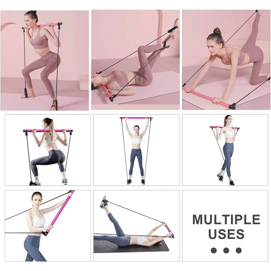 Detachable pilates bar with elastic resistance bands and foam handles - product image