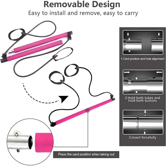 Detachable pilates bar with elastic resistance bands and foam handles - product image